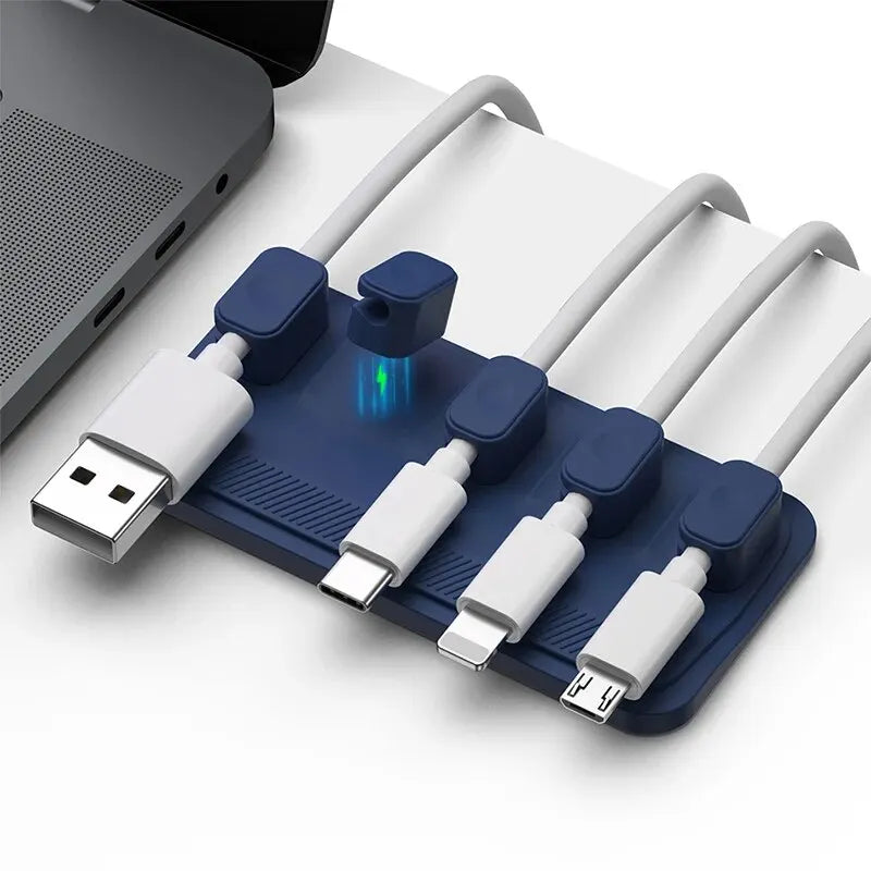 USB cable organizer with multiple connectors on a white background